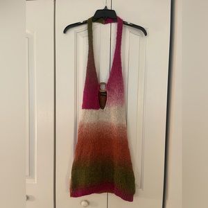 PLT SHAPE MULTI STRIPE KNIT PLUNGE RING DETAIL BODYCON DRESS